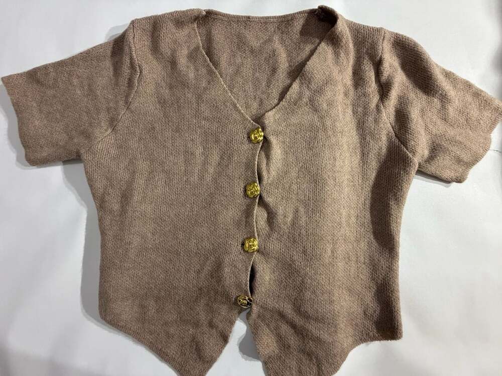 Brown Knit V-Neck Short Sleeve Cardigan Gold Buttons Womens 3XL Plus